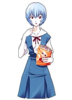 🍟 Rei Ayanami Neon Genesis Evangelion аниме, персонаж, Рэй Аянами, Евангелион, голубые волосы, ест, закуска whatsapp sticker