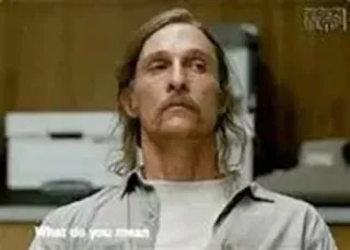 😑 Rust Cohle True Detective What do you mean programa de televisión, entrevista, pensando, confundido, pregunta telegram sticker