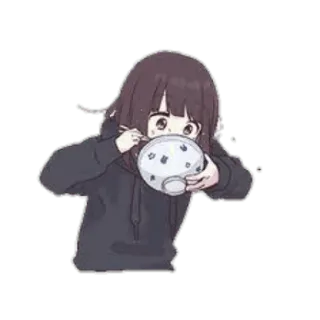 😀 Anime, Chica, Tazón, Comiendo, Kawaii whatsapp sticker