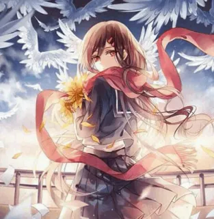 ✨ Anime, Garota, Uniforme escolar, Flores, Cachecol, Pássaros, Arte digital telegram sticker