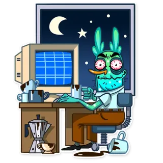 🖥 компьютер, кофе, уставший, бессонный, офис, ночь, мультфильм, стол, работа whatsapp sticker