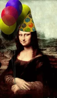 😚 Mona Lisa Mona Lisa, pintura, arte, gorro de fiesta, globos whatsapp sticker