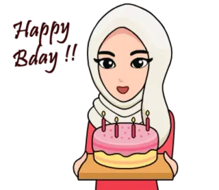 🎂 Happy Birthday! compleanno, torta, festa, donna, hijab, cartone animato whatsapp sticker