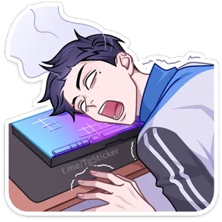 🤯 t.me/TgSticker man, tired, exhausted, sleeping, keyboard, anime style, exhaustion telegram sticker
