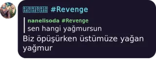 🤔 #Revenge
sen hangi yağmursun
Biz öpüşürken üstümüze yağan yağmur chuva, vingança, turco, amor, triste telegram sticker