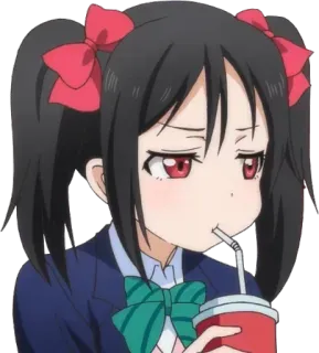🍹 Nico Yazawa Love Live! Anime, Garota, Uniforme escolar, Bebendo, Fofa, Olhos vermelhos, Maria Chiquinha, Idol telegram sticker