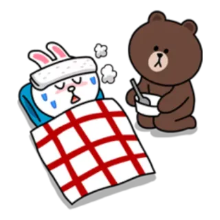 🤒 Cony and Brown больной, мультфильм, аниме, кролик, медведь, кровать, друг, забота, уход whatsapp sticker
