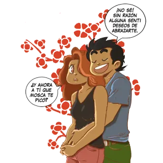 😁 EY AHORA
A TÍ QUE
MOSCA TE
PICÓ?
¡NO SÉ!
SIN RAZÓN
ALGUNA SENTI
DESEOS DE
ABRAZARTE. мультфильм, комикс, объятие, любовь, отношения telegram sticker