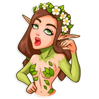 🙄 elf, fairy, nature, fantasy, woman, leaves, flower crown, cartoon telegram sticker