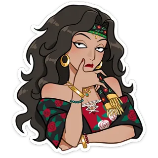 🤔 woman, cartoon, gold jewelry, expression, rose pattern, brunette, sticker telegram sticker