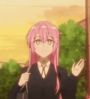 ๐ anime, seragam sekolah, rambut pink, gadis, melambai whatsapp sticker