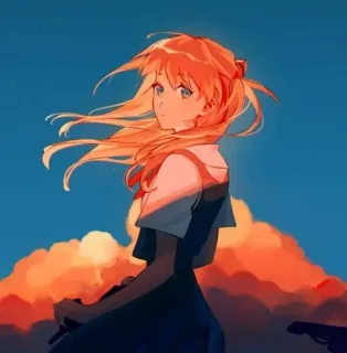 ❤️ Asuka Langley Soryu Neon Genesis Evangelion anime, gadis, rambut oranye, matahari terbenam, awan telegram sticker