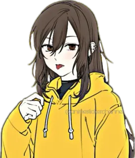 😜 @animestickerchannel Anime, Dessin animé, Fille, Personnage, Sweat à capuche, Jaune, Cheveux bruns telegram sticker
