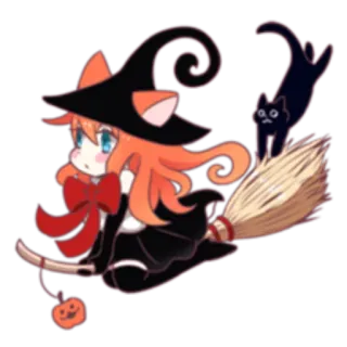 🛩 마녀, 고양이, 할로윈, 나는, 귀여운, 만화, 빗자루, 귀여움 telegram sticker