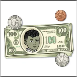 🤑 ONE HUNDRED BUCKS เงิน, ดอลลาร์, เงินสด, สกุลเงิน, แบงค์ร้อยดอลลาร์, เหรียญ, Bitmoji telegram sticker