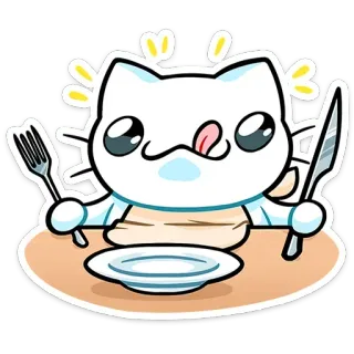 😋 cat, eating, knife, fork, dinner, table, food telegram sticker