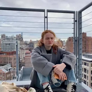 🌹 Frau, Sadie Sink, Dach, Mantel, Mädchen, Rothaarige, Stadt telegram sticker