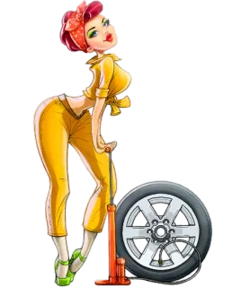 😘 Pin-up, Pneu, Mecânico, Retrô, Desenho animado, Mulher telegram sticker