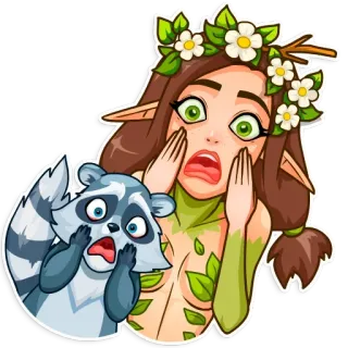 😱 procione, foresta, elfo, paura, shock, natura, cartone animato telegram sticker
