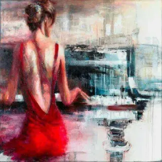 🎶 mulher, vestido vermelho, piano, arte, pintura, música, costas whatsapp sticker