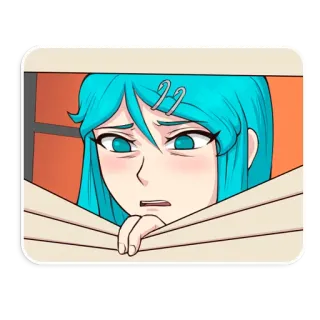 😲 anime, meisje, cartoon, illustratie, blauw haar, raam, gluren telegram sticker