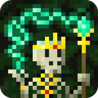 💀 scheletro, pixel art, re, corona, magia, bastone, fantasy telegram sticker