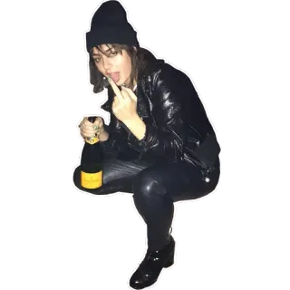 😛 mujer, dedo corazón, botella, chaqueta de cuero, gorro telegram sticker