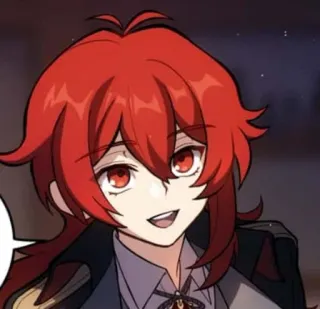 🌟 Diluc Genshin Impact anime, permainan, rambut merah, senyum whatsapp sticker