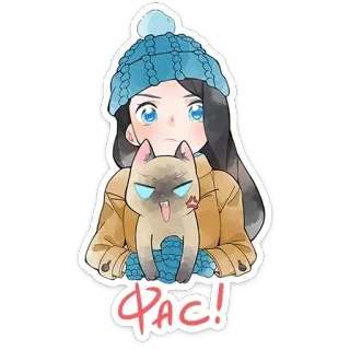 😒 РАС! menina, gato, inverno, gato zangado, fofo, desenho animado telegram sticker