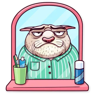 🤤 kucing, pagi, kamar mandi, cermin, sikat gigi, pasta gigi, perawatan, mengantuk whatsapp sticker