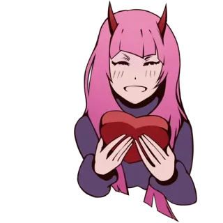 ❤️ Anime Mädchen, Herz, Rosa Haare, Hörner, Cartoon telegram sticker
