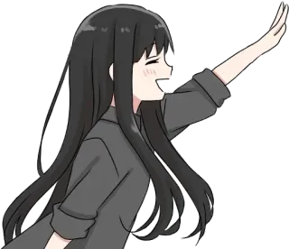 ✋ ragazza anime, capelli neri, sorridente, che saluta, capelli lunghi, cartone animato telegram sticker