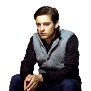😔 Peter Parker Spider-Man triste, assis, homme, acteur, Tobey Maguire, Spider-Man telegram sticker