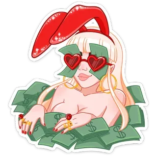 💰 dinheiro, orelhas de coelho, óculos de sol de coração, desenho animado, loira, menina whatsapp sticker
