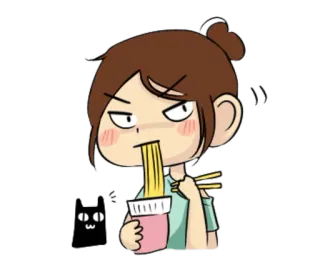🍜 mangiare, ramen, noodles, cartone animato, ragazza, gatto whatsapp sticker