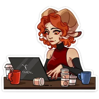 👩‍💻 OVEN_ ภาพประกอบ, ตัวละคร, แฟนตาซี, แล็ปท็อป, ราศี, ราศีเมษ telegram sticker