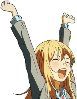 🙂 Kaori Miyazono Your Lie in April anime, ragazza, sorridente, bionda, allegra, braccia alzate telegram sticker