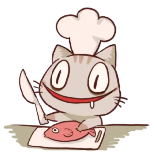 👨‍🍳 gato, chef, peixe, cozinhar, faca, desenho animado, comida telegram sticker
