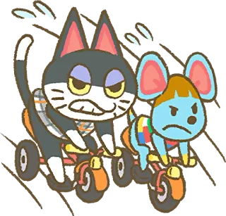 😤 animal crossing, dibujos animados, gato, ratón, triciclo, enojado whatsapp sticker