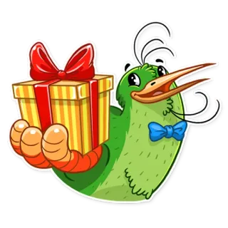 🎁 pájaro, regalo, presente, lazo, dibujos animados, lindo, animal whatsapp sticker