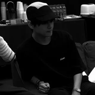 ▪️ man, black and white, hat, t-shirt, indoors, portrait telegram sticker