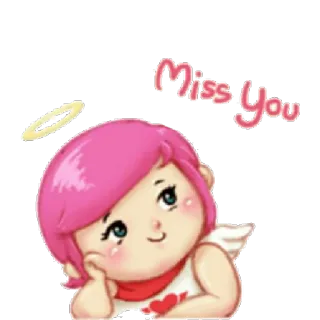 😚 Miss You ange, mignon, tu me manques, cheveux roses, dessin animé telegram sticker