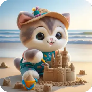 🤷‍♀️ кот, котенок, пляж, замок из песка, милый, мультфильм, игрушка, отпуск telegram sticker