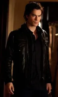 😐 Damon Salvatore The Vampire Diaries wampir, mężczyzna, mroczny, czarna kurtka skórzana, serial telewizyjny telegram sticker
