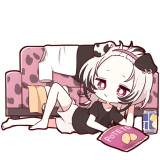 😏 POTETO Anime Mädchen, Chibi, Snack, Kartoffelchips, Süß, Entspannen, Couch, Faul telegram sticker