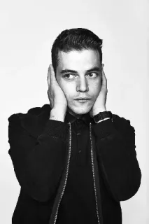 😱 Rami Malek Rami Malek, actor, portrait, celebrity, black and white telegram sticker