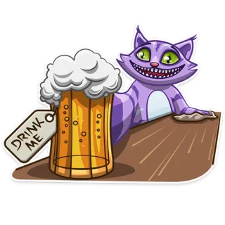 🍺 Cheshire Cat Alice in Wonderland DRINK ME Katze, Bier, Getränk, Fantasy, Cartoon whatsapp sticker