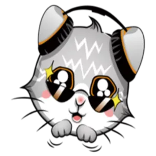 😇 gato, lindo, dibujos animados, kawaii, brillo, gris, auriculares, animal whatsapp sticker