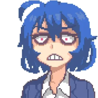 😀 anime, blue hair, exhausted, tired, pixel art, stressed telegram sticker
