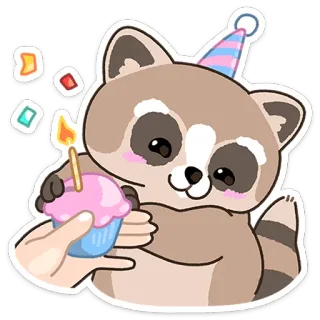 🥳 rakun, ulang tahun, cupcake, pesta, perayaan, hewan whatsapp sticker
